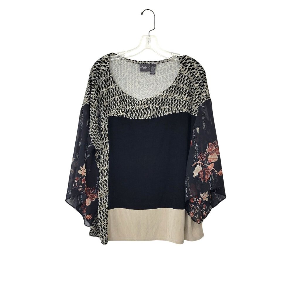 Chicos Travelers Black & Beige Patterned Pullover Top With Sheer Floral Sleeves - Picture 1 of 5